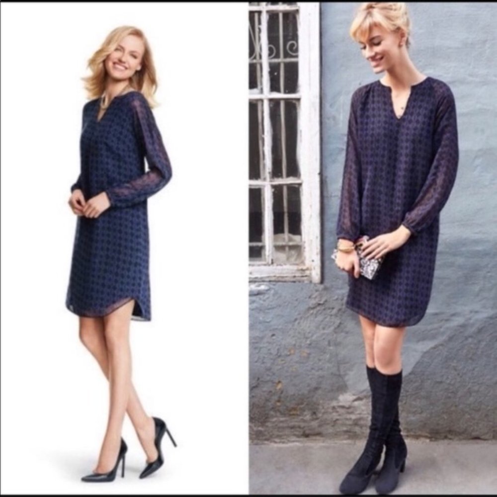 Cabi Harlequin Shift Dress / Tunic purple‎ black diamond print sheer sleeve Sz M